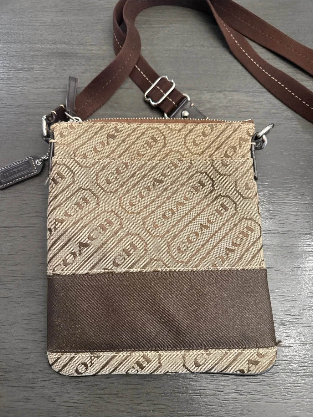 Coach Signature Jacquard North South Swingpack Crossbody Bag Brown Tan
